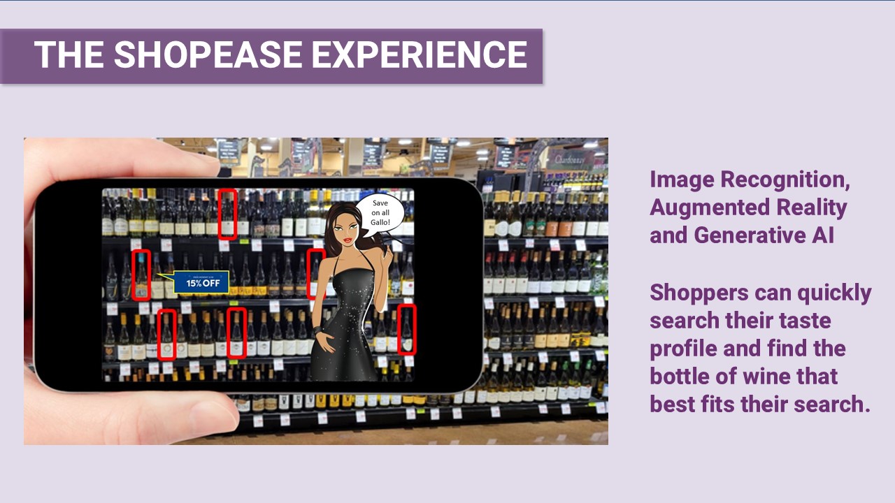 A shopper using ShopEase augmented reality on a phone to highlight matching bottles on the shelf with deals.